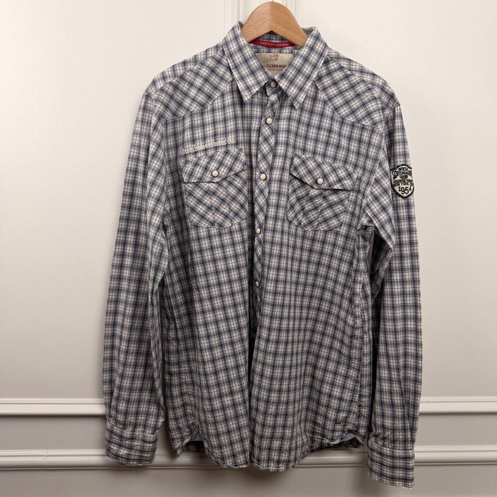 Scotch & Soda Mens XL Plaid‎ Western Pearl Snap Shirt Blue White CA45102